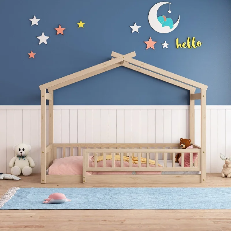 Twin Size Playhouse Design House Bed Frame with Fence, Roof & Semi-Enclosed Space, Sturdy Pinewood Construction