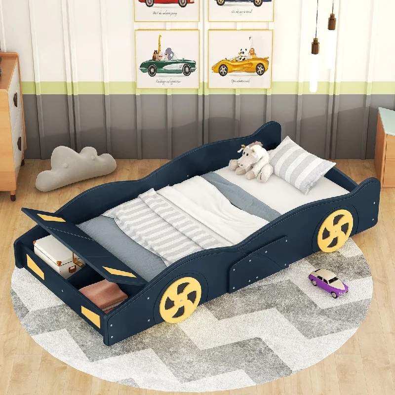 Twin Size Race Car Platform Bed with Hidden Storage, Sturdy Pine Wood Construction, No Box Spring Required