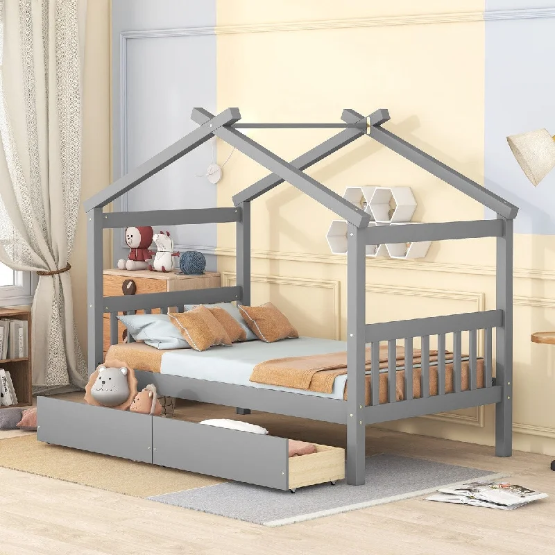 Twin Size Solid Wooden House Bed Frame with Two Drawers and 2 Headboards