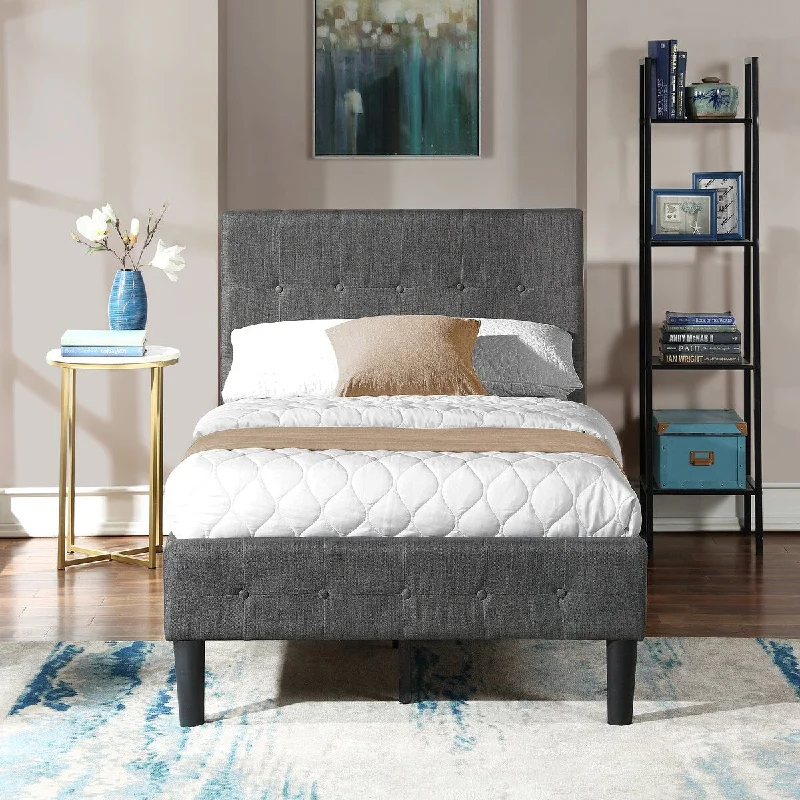 Twin Size Upholstered Platform Bed with Wooden Slat Support