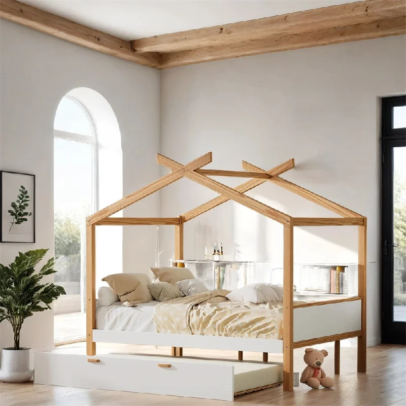 Twin Size Wood House Bed with Twin Size Trundle and Bookshelf Storage