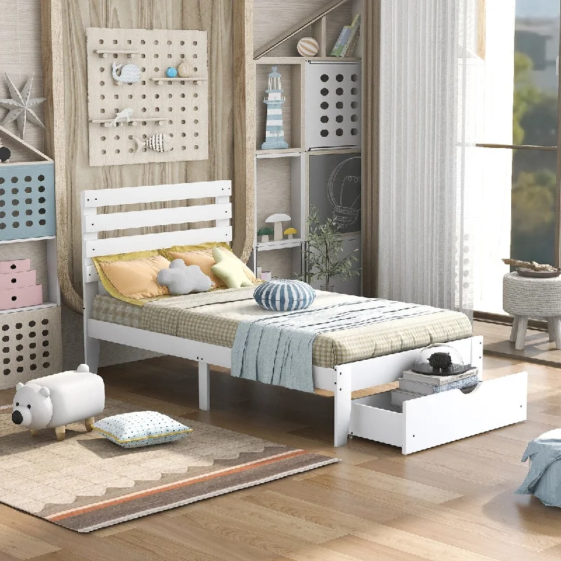 Twin Size Wood Platform Bed with Drawer and Headboard, No Box Spring Needed, Bedroom Furniture for Kids Teens Adults