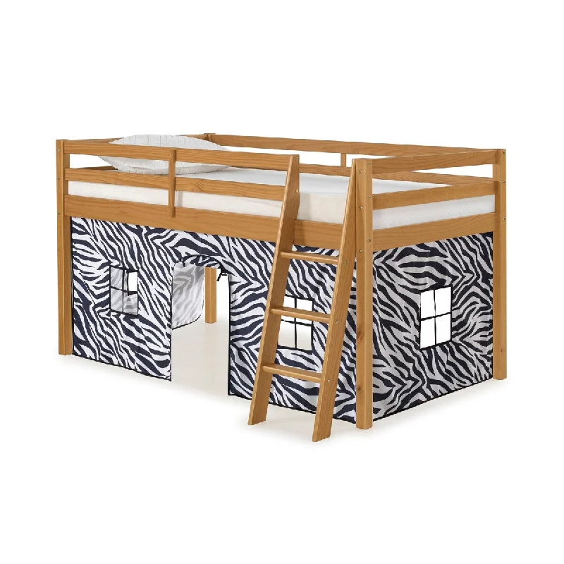 Twin Wood Junior Loft Bed with Brown with Zebra Bottom Tent