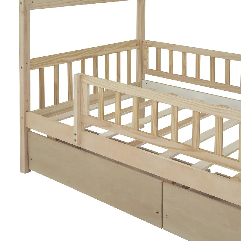 Twin Wooden House Bed with 2 Drawers, Guardrail, Pine Frame