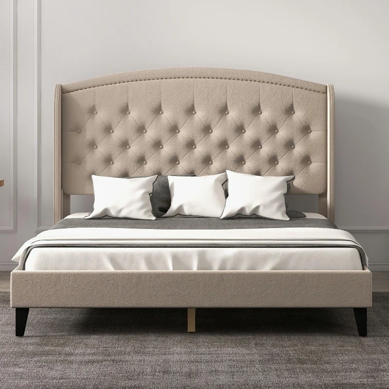 Upholsted Bed Frame with Wingback Headboard, Queen Size