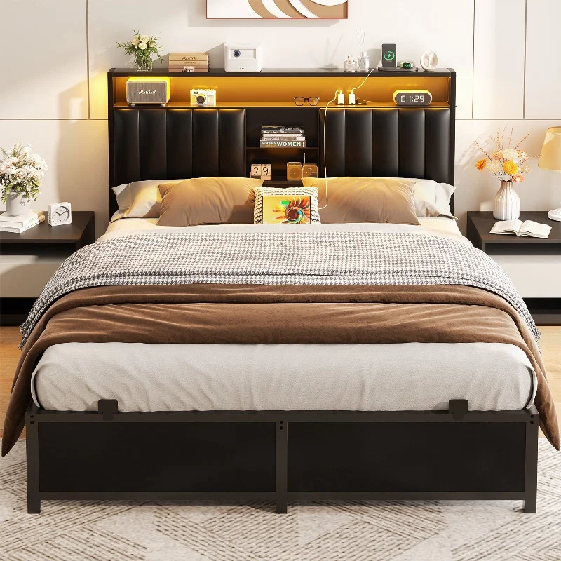 Upholstered Bed Frame with Storage Shelving, Platform Beds with Charge Station and LED Lights