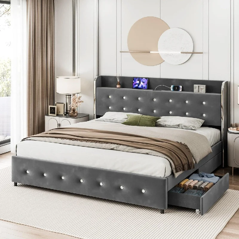 Upholstered Platform Bed Frame with Wingback Diamond Tufted Headboard