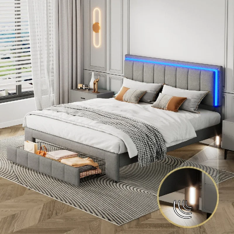 Upholstered Platform Bed with LED Lights and Two Motion Activated Night Lights,Queen Size Storage Bed with Drawer