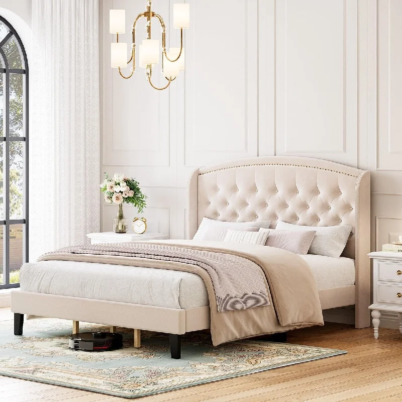 Velvet Upholstered Platform Bed Frame with Wingback Headboard