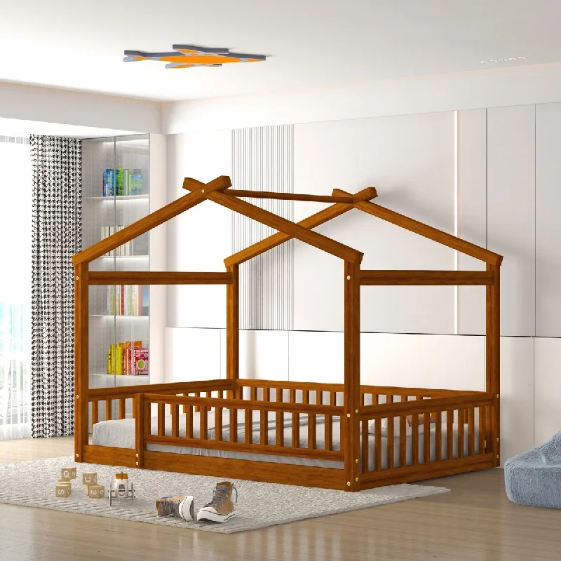 Walnut Full Size Playhouse Design House Bed Frame with Fence, Roof & Semi-Enclosed Space, Sturdy Pinewood Construction