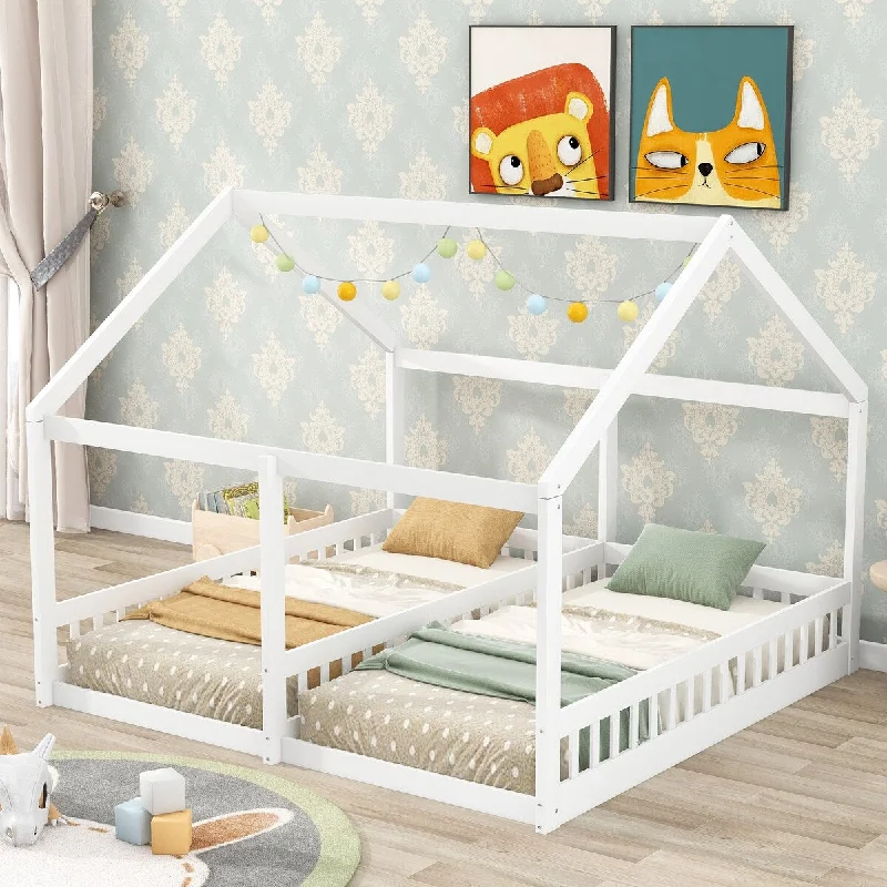 White 2-in-1 Twin Size House Platform Beds with Guardrails, House-Shaped Roof and Windows, Side-by-Side Configuration