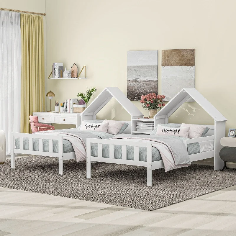 White Double Twin Size Platform Bed with House-shaped Headboard, Built-in Nightstand, Sturdy Pine Wood Construction