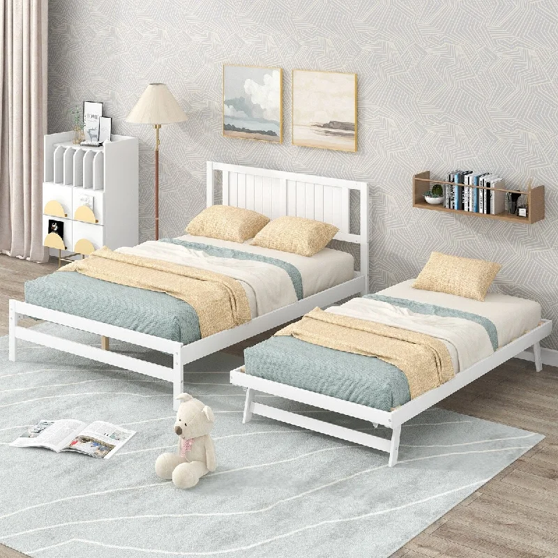 White Full Size Platform Bed with Adjustable Trundle, Stable Headboard, Sturdy Pine Wood Construction, Easy Assembly