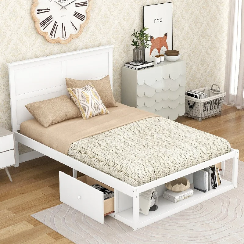 White Minimalist Style Full Size Platform Bed with Integrated Drawers and Shelf, Large Storage Space, Solid Construction