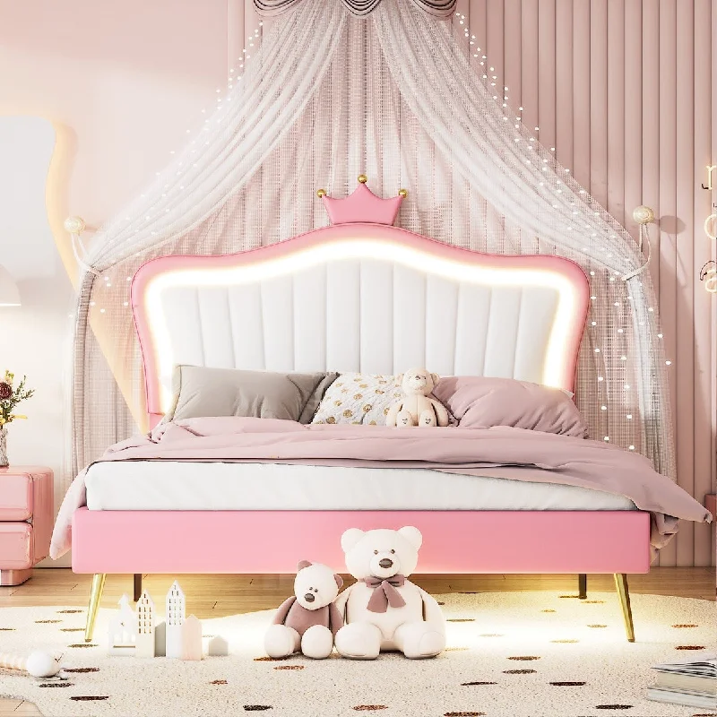 White+Pink Modern Queen Size Upholstered Princess Platform Bed Frame with Remote-Controlled LED Lights Crown Headboard