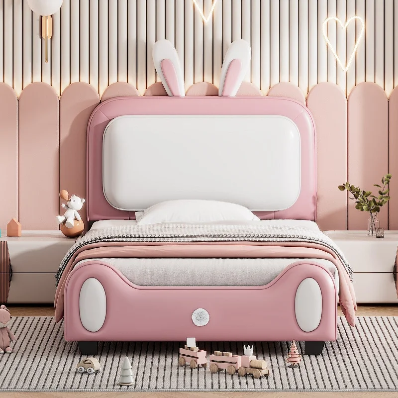 White+Pink Twin Size Rabbit-Shape Upholstered Platform Bed, Cute Princess Design, Easy Assembly, Solid Construction