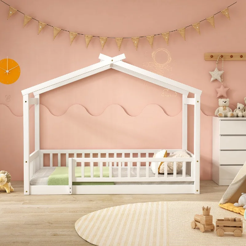 White Twin Size Playhouse Design House Bed Frame with Fence, Roof & Semi-Enclosed Space, Sturdy Pinewood Construction