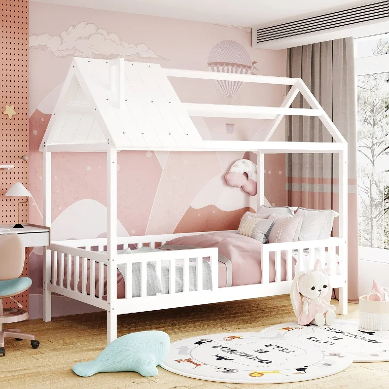 White Twin Size Wood House Bed with Fence - Playhouse Design, Safe and Sturdy