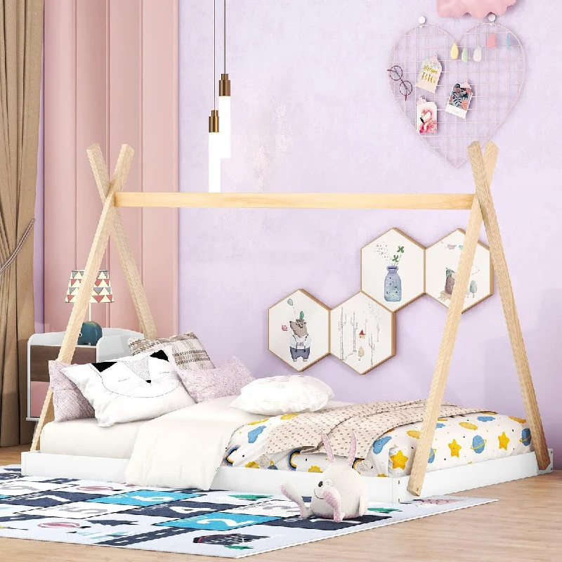 White Wood Full House Bed, Triangle Structure, Easy Assembly