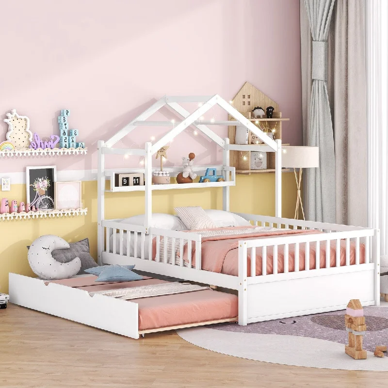 White Wooden Full Size House Bed with Twin Size Trundle, Playhouse Design, Shelf Compartment, Sturdy Pine Frame