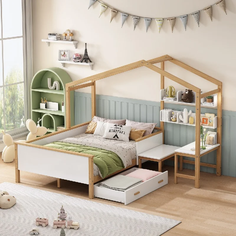 Wooden House Bed White and Original Wood Colored Frame with Drawer, Desk and Bookshelf