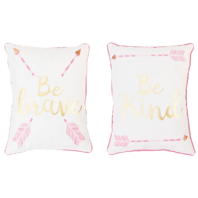 "Be Brave and Kind" Reversible Printed Kids Pillow in Pink & Gold