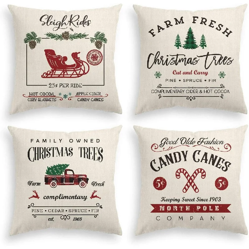 Christmas Throw Pillow Cover, 18 x 18 Inch Winter Holiday Rustic Farmhouse Cushion Case for Sofa Couch Set of 4