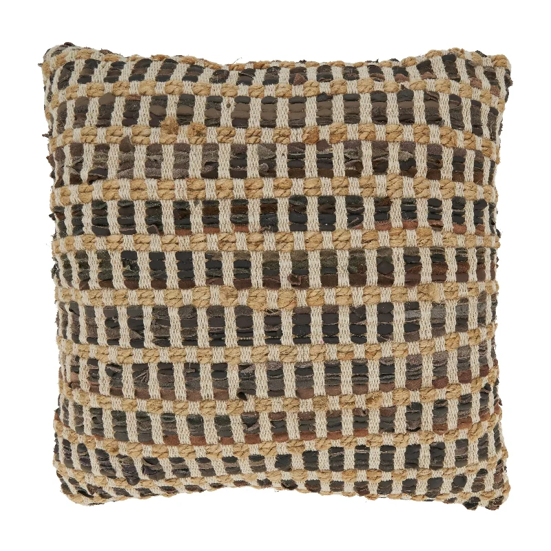 Earthy Leather and Jute Woven Throw Pillow