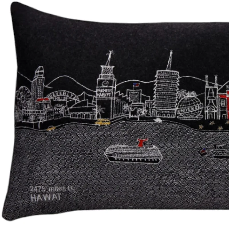 HomeRoots 25" Black Los Angeles Nighttime Skyline Lumbar Decorative Pillow