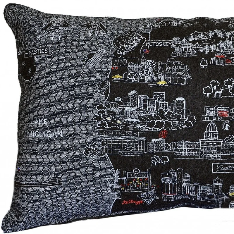 HomeRoots 25" Black Michigan Lower Peninsula Nighttime Skyline Lumbar Decorative Pillow