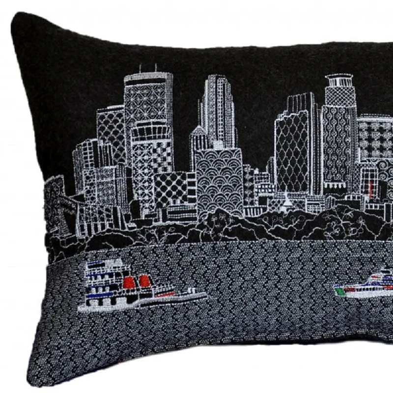 HomeRoots 25" Black Minneapolis Nighttime Skyline Lumbar Decorative Pillow