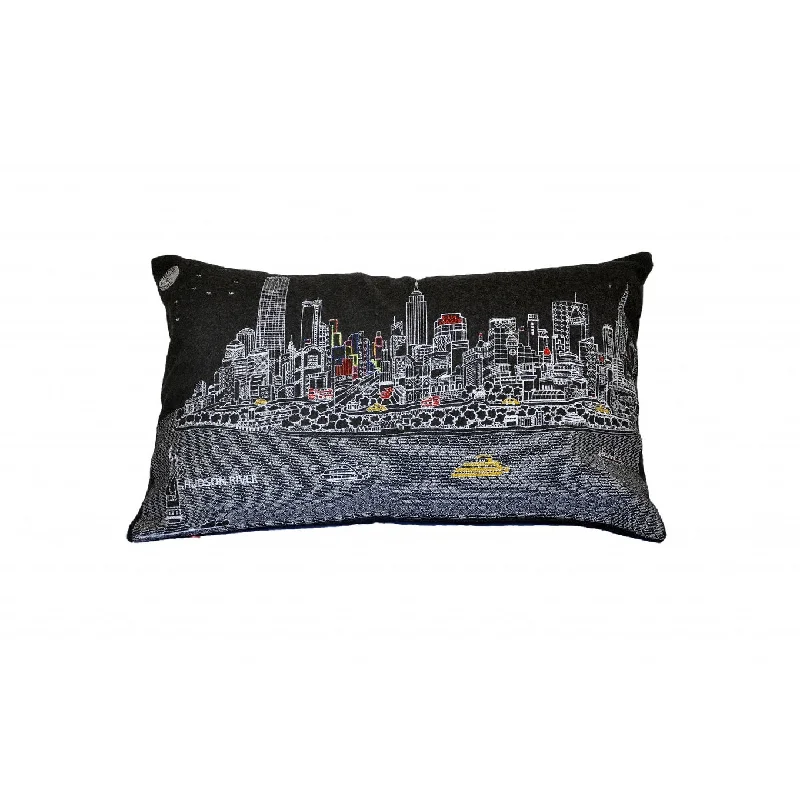 HomeRoots 25" Black NYC Nighttime Skyline Lumbar Decorative Pillow