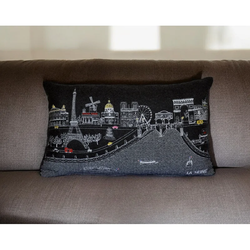 HomeRoots 25" Black Paris Nighttime Skyline Standard Lumbar Decorative Pillow