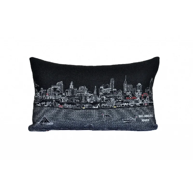 HomeRoots 25" Black Philadelphia Nighttime Skyline Lumbar Decorative Pillow