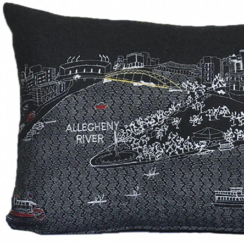 HomeRoots 25" Black Pittsburgh Nighttime Skyline Lumbar Decorative Pillow