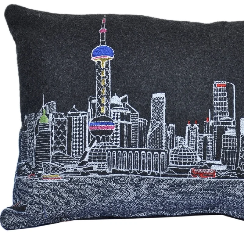 HomeRoots 25" Black Shanghai Nighttime Skyline Lumbar Decorative Pillow