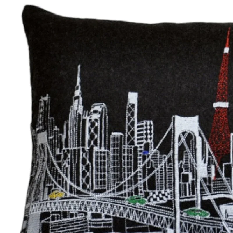 HomeRoots 25" Black Tokyo Nighttime Skyline Lumbar Decorative Pillow