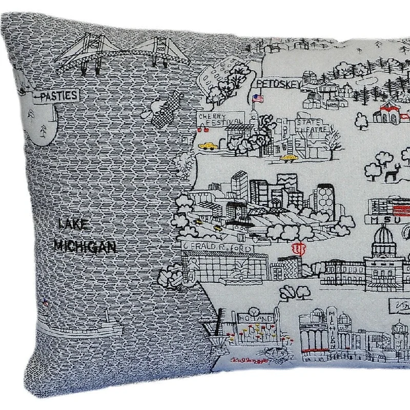 HomeRoots 25" White Michigan Lower Peninsula Daylight Skyline Lumbar Decorative Pillow