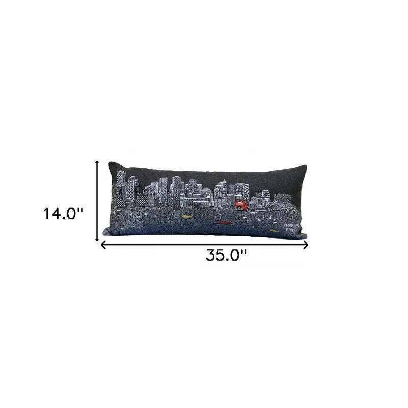 HomeRoots 35" Black Boston Nighttime Skyline Lumbar Decorative Pillow