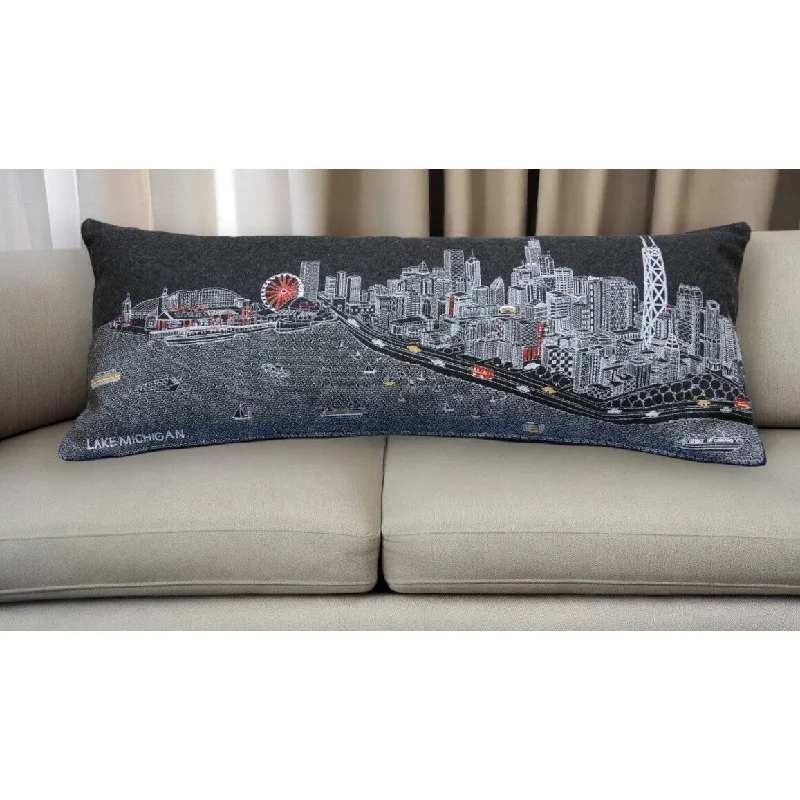 HomeRoots 35" Black Chicago Nighttime Skyline Lumbar Decorative Pillow