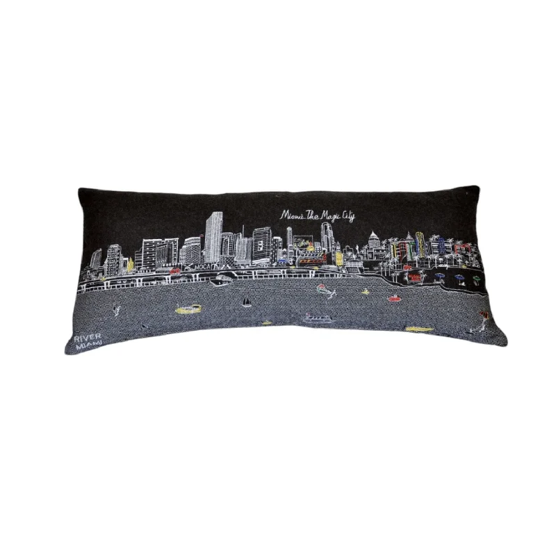 HomeRoots 35" Black Miami Nighttime Skyline Lumbar Decorative Pillow