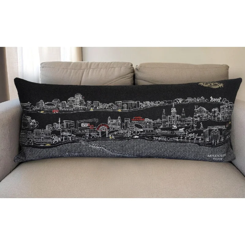 HomeRoots 35" Black New Orleans Nighttime Skyline Lumbar Decorative Pillow