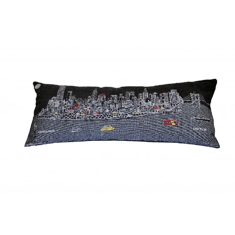 HomeRoots 35" Black NYC Nighttime Skyline Lumbar Decorative Pillow