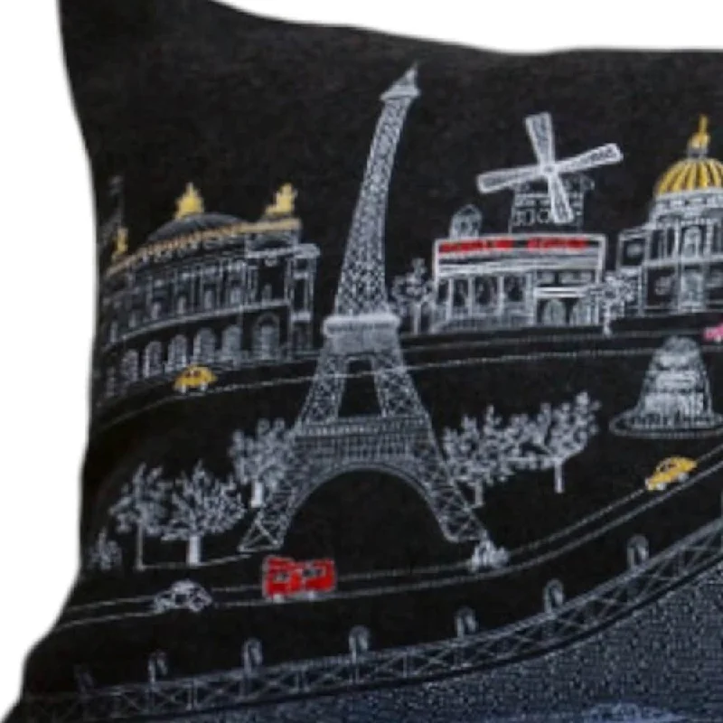 HomeRoots 35" Black Paris Nighttime Skyline Standard Lumbar Decorative Pillow