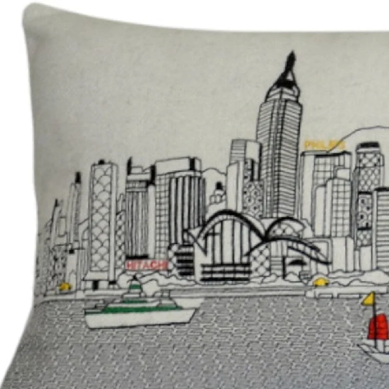 HomeRoots 35" White Hong Kong Daylight Skyline Lumbar Decorative Pillow