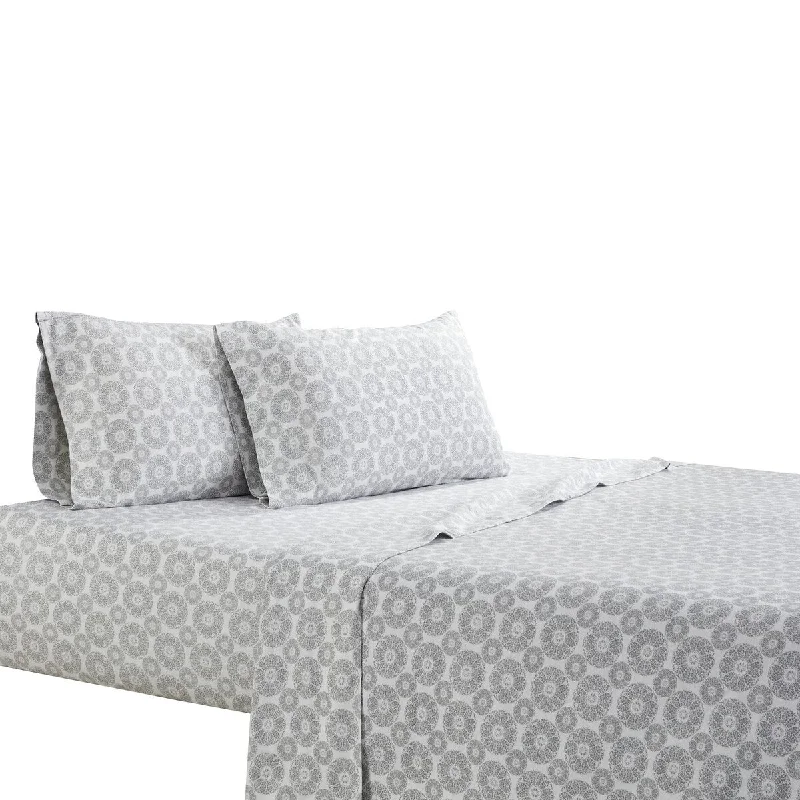 Kazan 4 Piece King Sheet Set with Floral Print The Urban Port, Gray and White