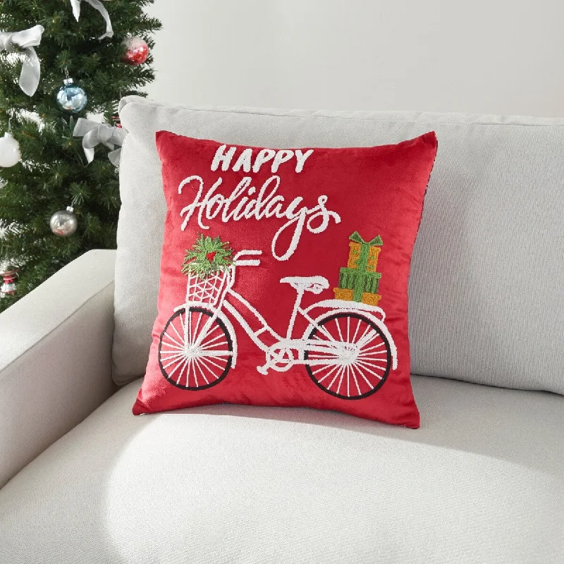 Mina Victory Holiday Pillows Holiday Bike 18" x 18" Red Indoor Throw Pillow