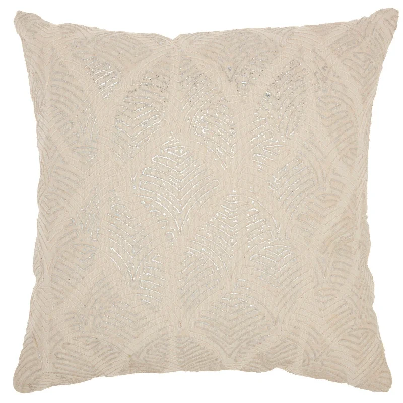 Mina Victory Lifestyle Met Emb Feathers 18" x 18" Ivory/Silver Indoor Throw Pillow