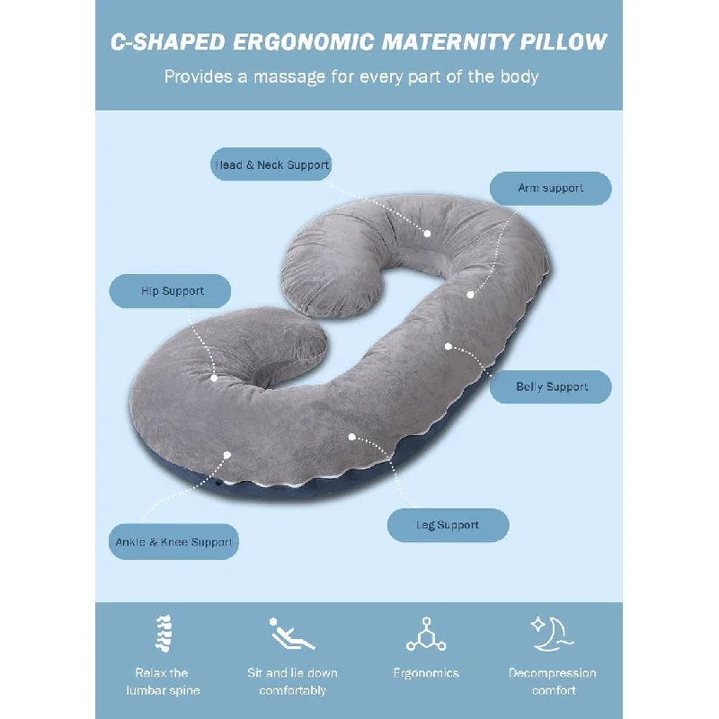 Pregnancy Pillow,Maternity Body Pillow with Velvet Cover,C Shaped Body Pillow for Sleeping (Blue&Grey)