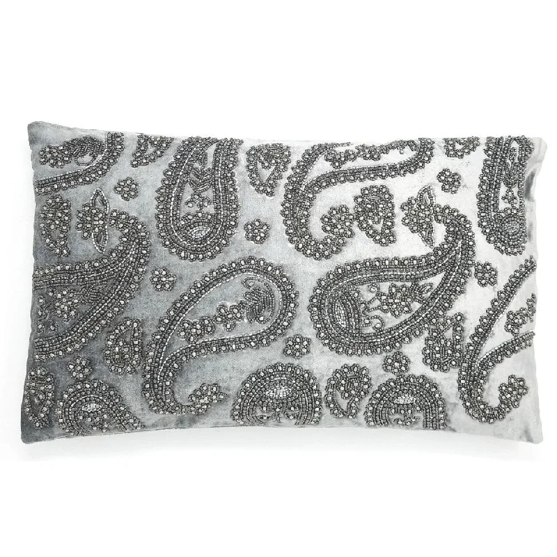 Velvet Hand Beaded Decorative Throw Cushion Pillow Silver and Gray